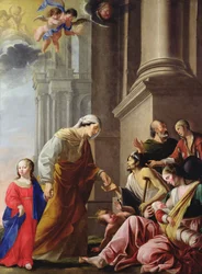 St. Anna, begleitet von der Jungfrau Maria, gibt Almosen